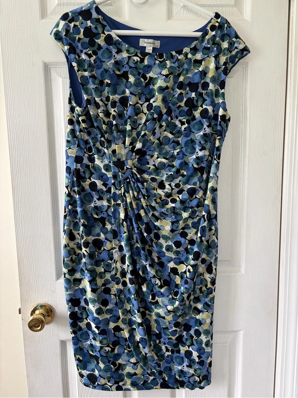 DressBarn Blue Printed Cap-Sleeve Gathered Waist Dress